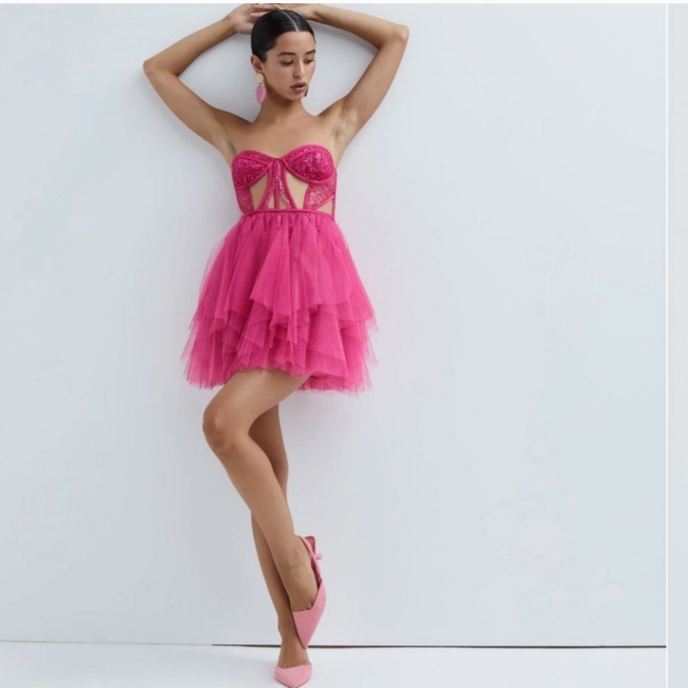 For Love & Lemons Rosario Bustier Tulle Mini Dress in Pink Small NWT